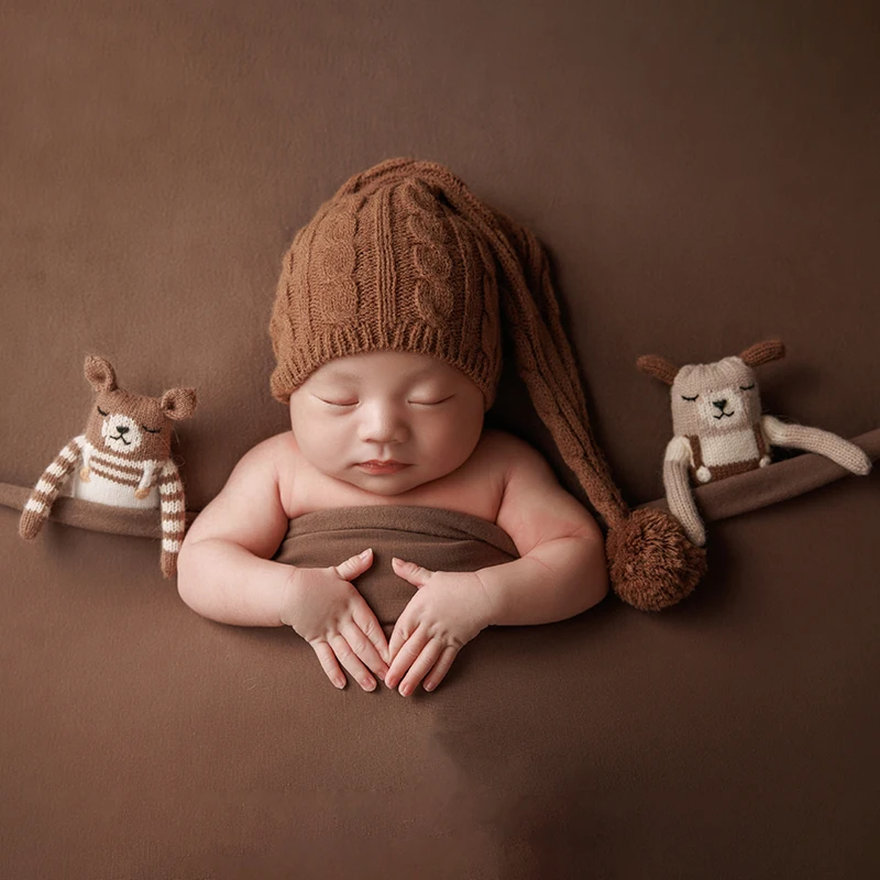 KD Newborn Photography Props Hand knitted Animal Doll Baby Photo Decoration Stretch Backdrop Crocheted Hat Studio Accessories