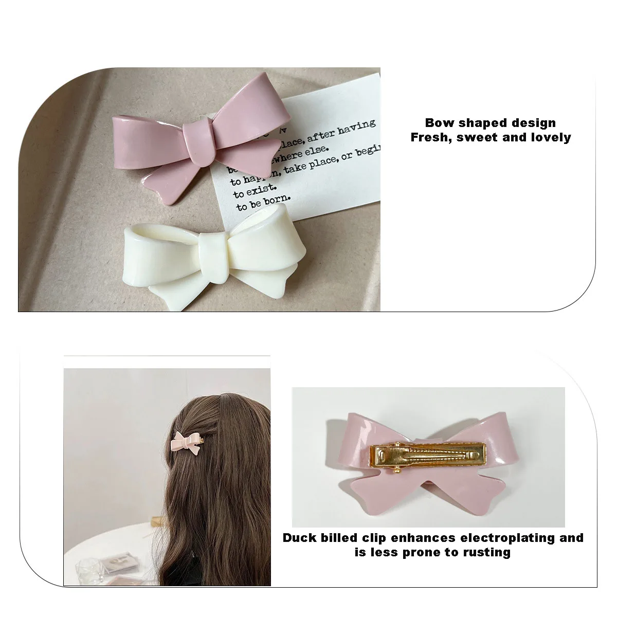 Sweet And Lovely Girl Heart Side Duckbill Hair Clip, Creamy Pink Bow, College Style Clip Hairpin Bobby Pin