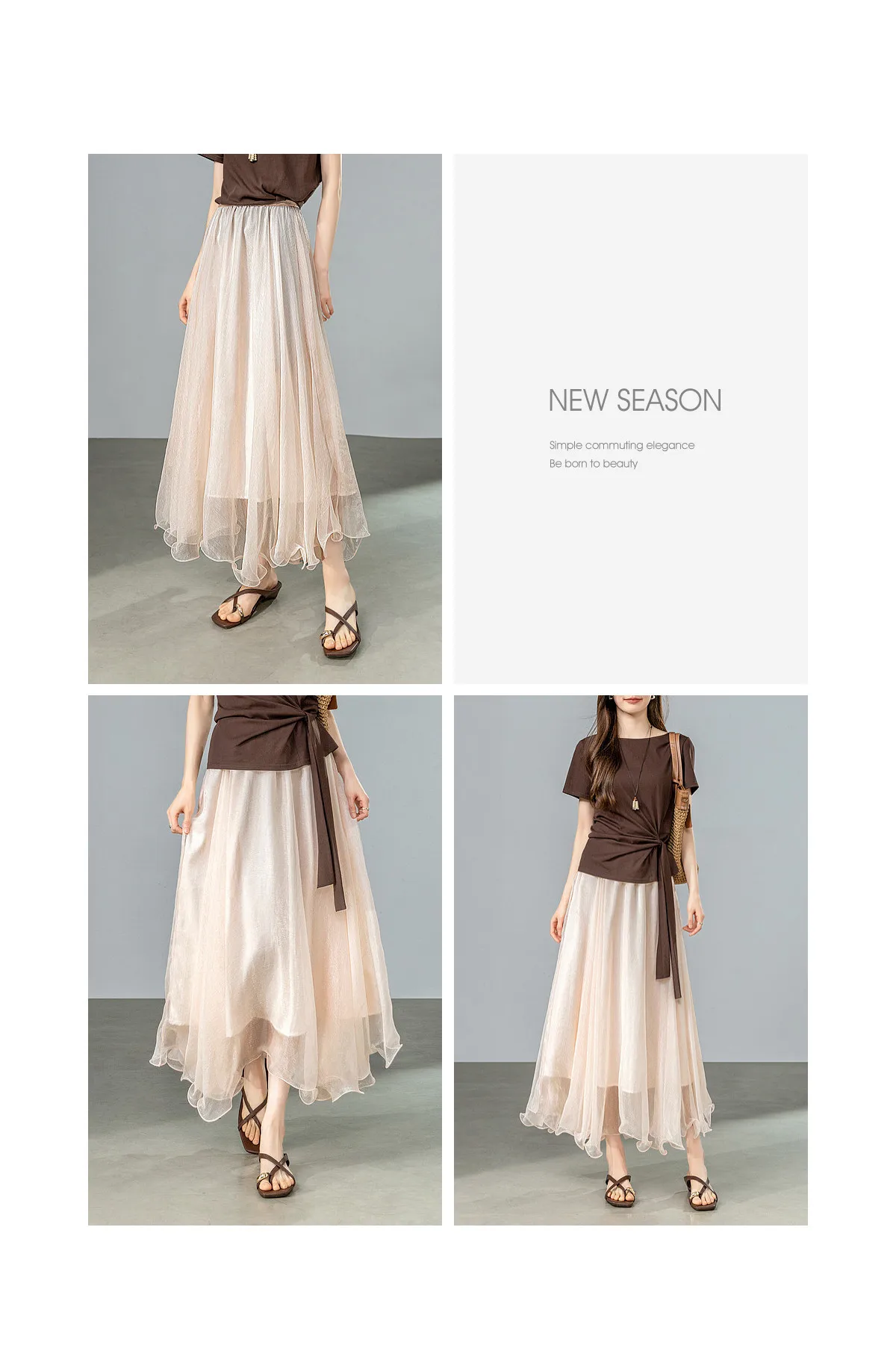 SENTUBILA Eleganter Hochgeschnittener Schimmernder Chiffon A-Linien-Rock 2026 Sommer Weißer Netzrock mit Elastischem Bund Damen-Unterteil W62QG7415 – Detail 28