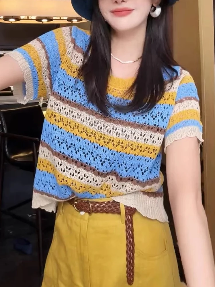 

Color Blo Design Свободный повседневный трикотажный топ ort Sve круглый Ne Верхняя ажурная летняя женская футболка Faion