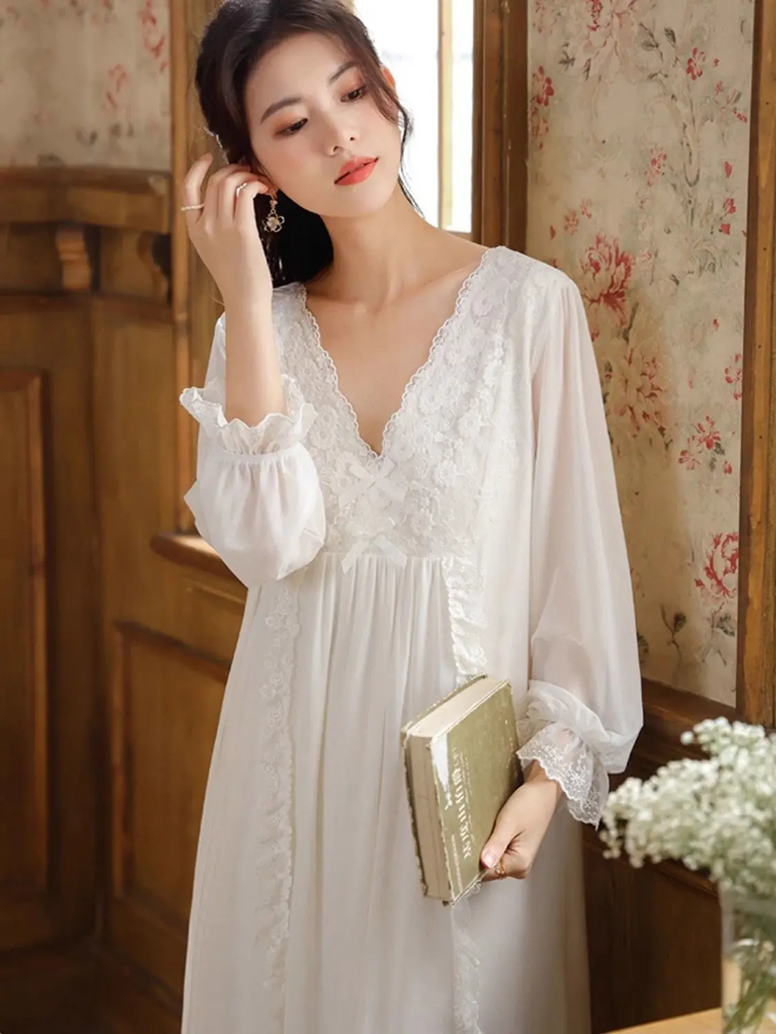 

Spring Autumn New Palace Style White Pajamas Women's Lace Sexy Long Sleeve Pajamas Nightgown Princess Sleepwear Sleeping Clothes