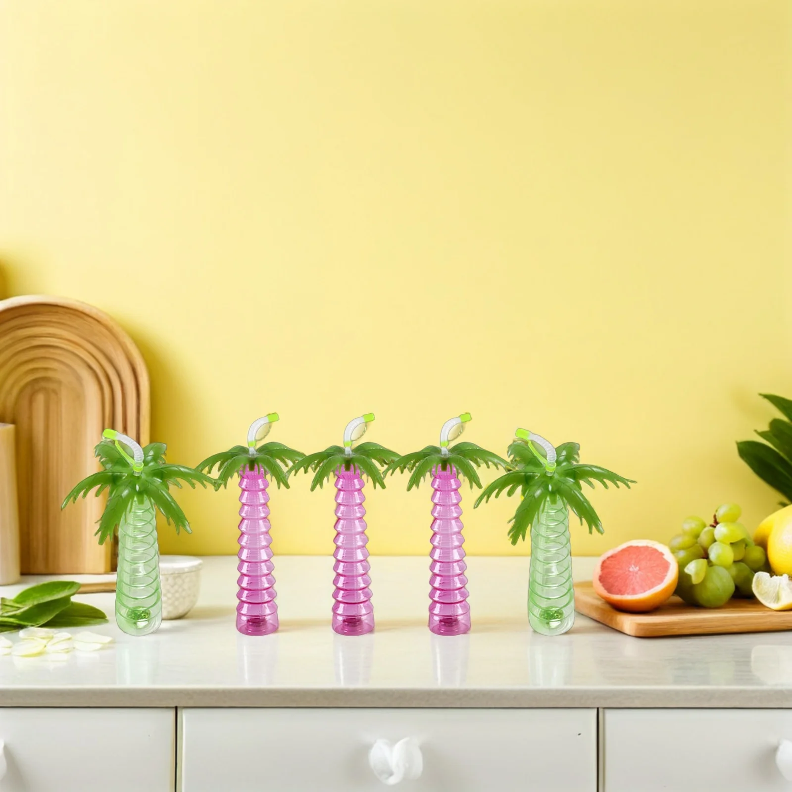 

5pcs Coconut Tree Shaped Straw Cup Pet Reusable Water Bottle For Kids Outdoor Camping Travel Portable Drinkware Decorative Use