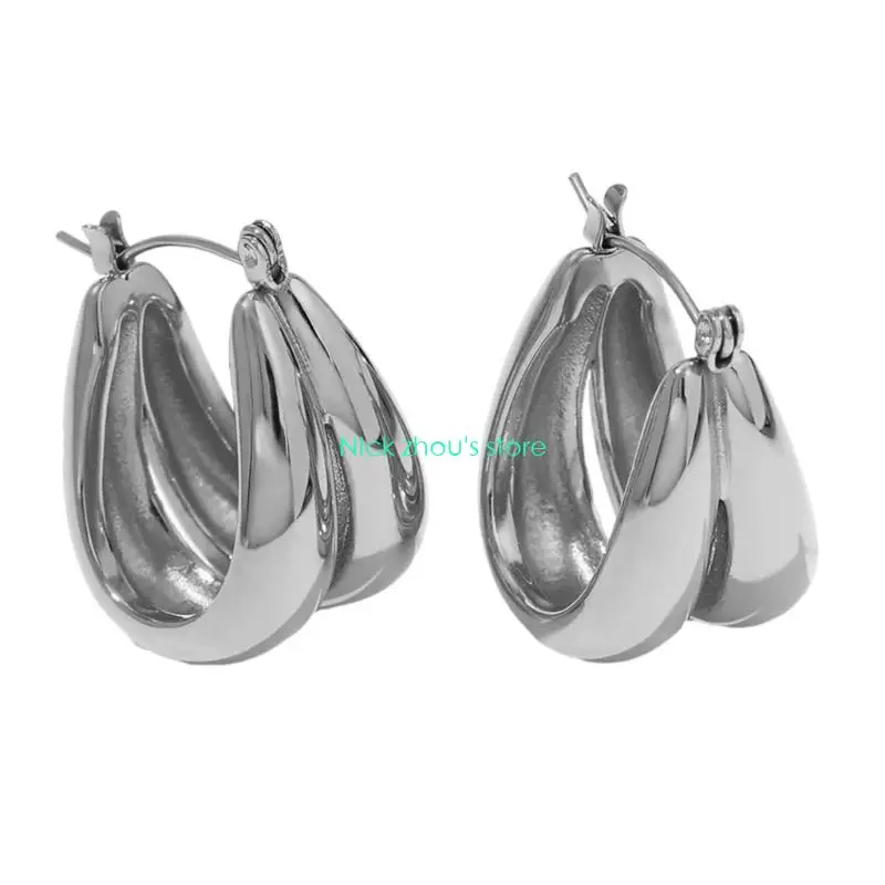 E15E Modern Double U Shaped Loop Earrings In Sturdy Titaniums Steel Materials 18K Gold Coated Waterproof Jewelry Accessory