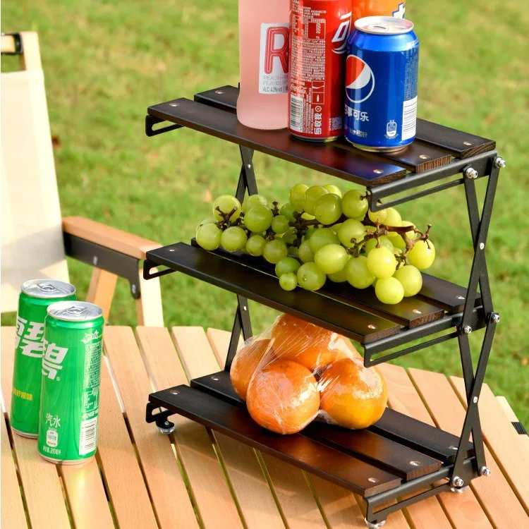 

Outdoor Camping Stainless Steel Three Layer Folding Storage Rack Portable Multifunctional Desktop Extendable Wooden Storage Rack