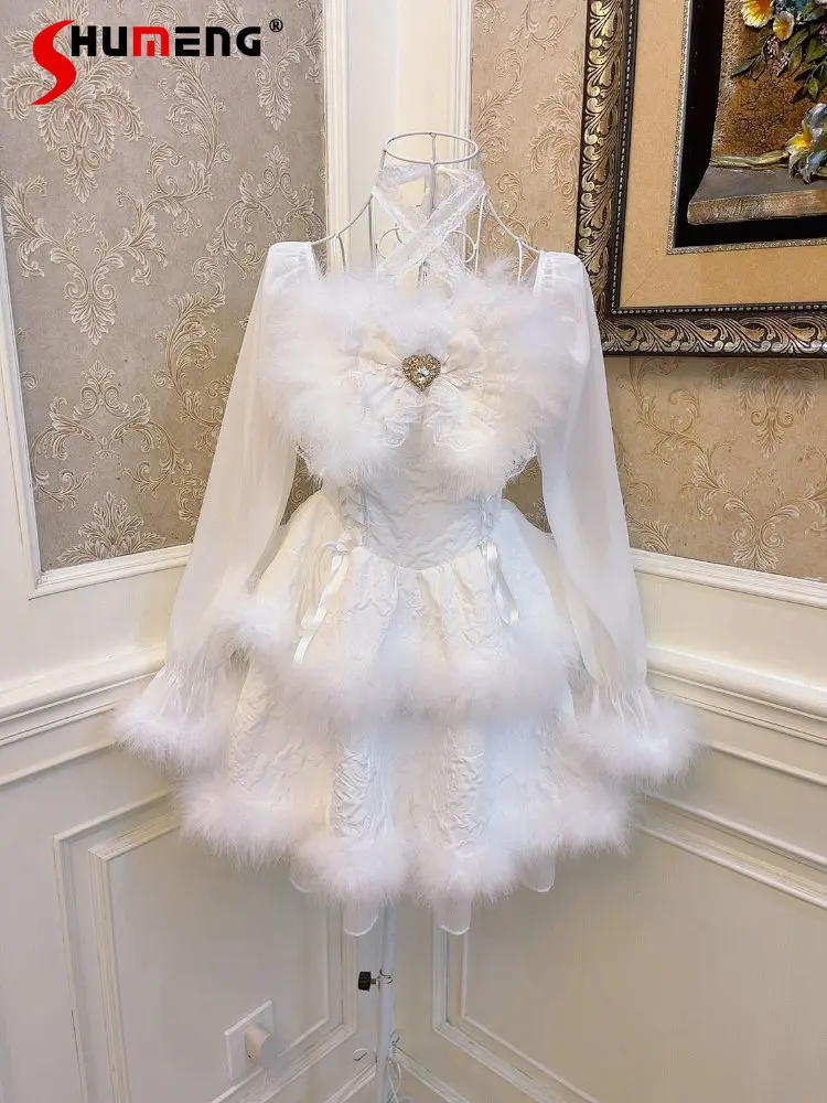 

Princess Sweet Plush Ostrich Hair Bow Love Cake Dress 2023 Japan Style Lolita Bell Sleeve Cross Tied Slim White Dresses Woman