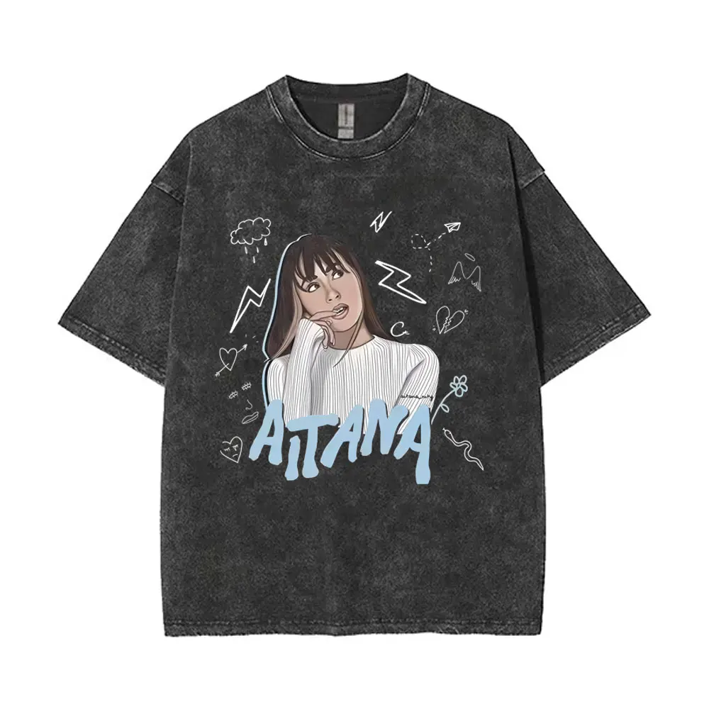 Lavé Vintage Aitana papillon graphique T-shirt CUARTO bleu T-shirts hommes femmes mode Pop musique surdimensionné T Shrits Streetwear