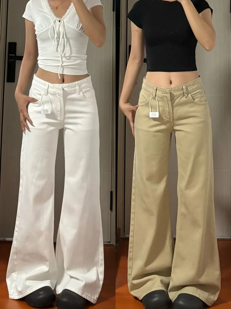 

Low Waist Wide Leg Jeans Women's Loose Fit Casual Trousers American Style Bell Bottoms Khaki Color Spring Fashion plus Size