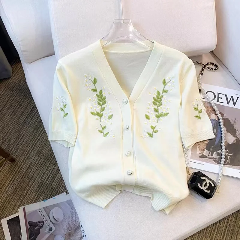 Summer Flower Embroidery Sweaters Women Knit T-Shirt Design V-Neck Small Fragrant Short Sleeve Knitwear Woman Cardigan Mujer