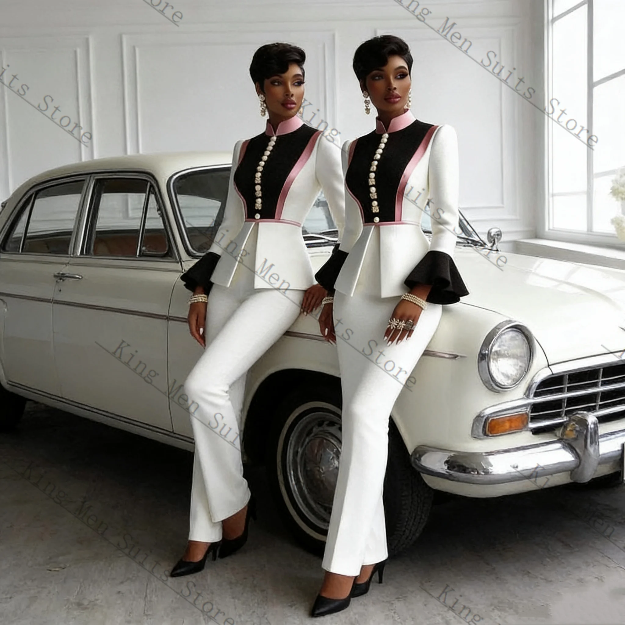 

Crystals Women Suit Set 2 Pcs Blazer Pants Spring Pink Black White Customized Formal Office Wedding Tuxedos Coat Prom Jacket