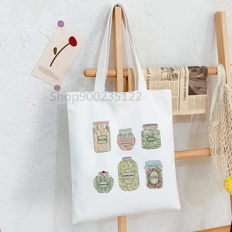 Canned Food Garden Bags Cartoon Graphic Pickles in The Jar White Shopping Bag Canvas Reusable Large Shoulder School Handbags