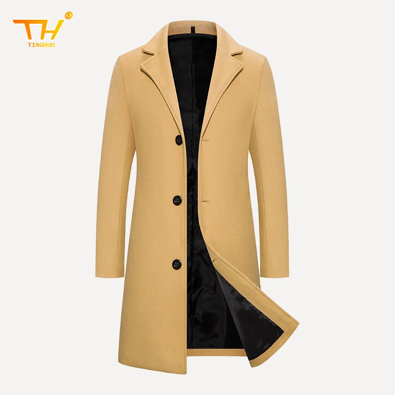 TINGHUO Męski płaszcz midi z guzikami i klapami z przodu, regularny krój Casualowa odzież wierzchnia z długim rękawem na jesień i zimę