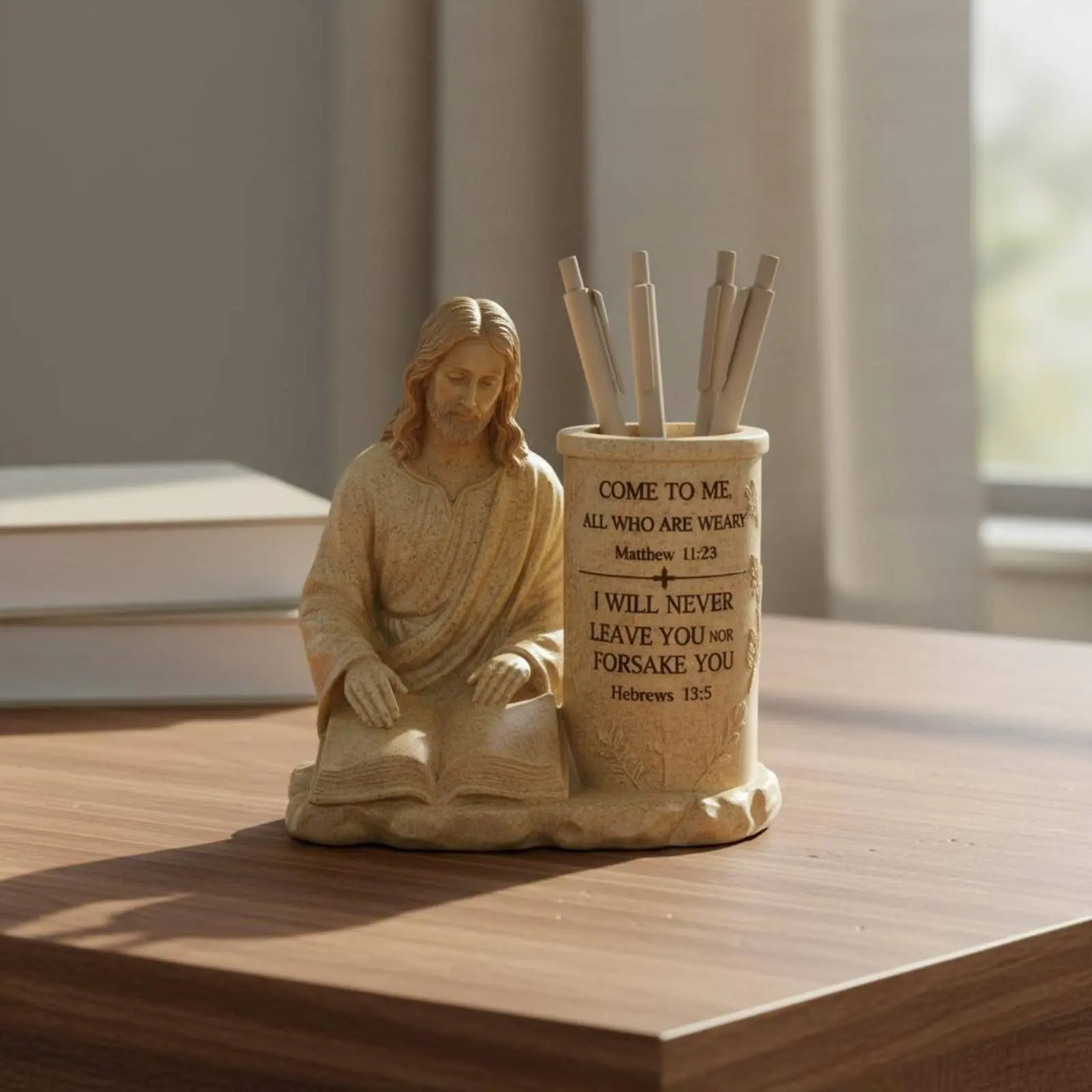 Jesus Figurine Pen Holder Easter Gift Jesus Desk Decor Religious Studying Man Statue Desktop Decoration Bible Passage Writing