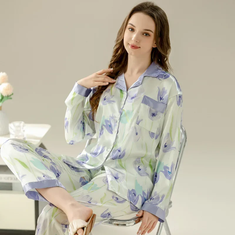 Women's Pajamas Sets Spring Autumn 2 Piece Tulip Print Pyjama Faux Silk Satin Sleepwear Long Sleeve Pijama Mujer Pjs Homewear