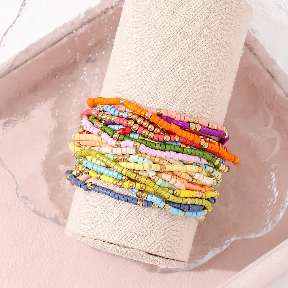 Bohemian Style Beaded Bracelet Set For Women Colorful Beads Stretchy Strand Chain Bangle Girls Summer Beach Vacation Jewelry