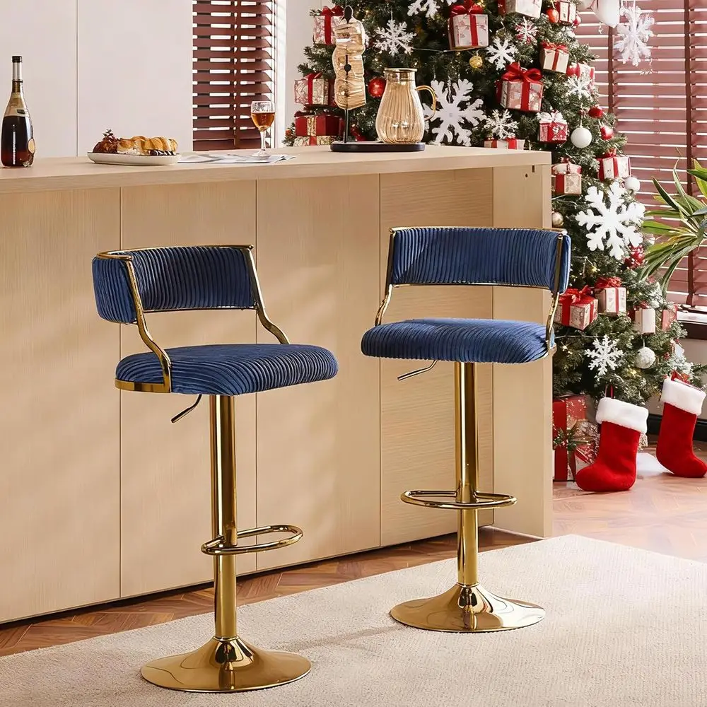 

Комплект из 2 синих вельветовых барных стульев с регулируемой высотой и спинкой для кухонного острова, кафе и паба