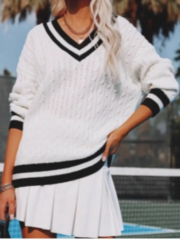 

Autumn And Winter Sweater For Women College Style V-neck Striped Printed Ropa De Mujer Pullover Vintage Commuting Casual Tops