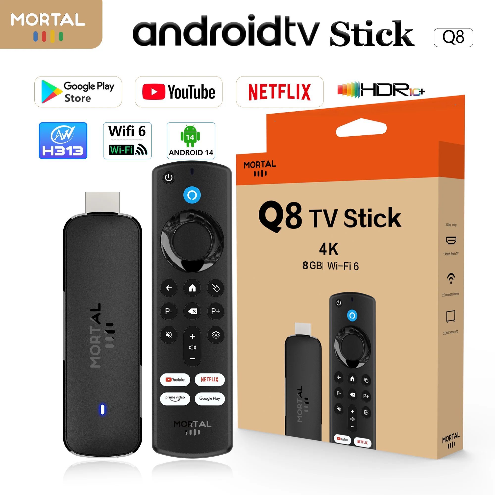 Android14 TV Stick Mortal Q8 Global Version Allwinner H313 Chip Wifi6 Voice Remote 8K 4K@60fps YouTube Stream TV stick 2G8G16G