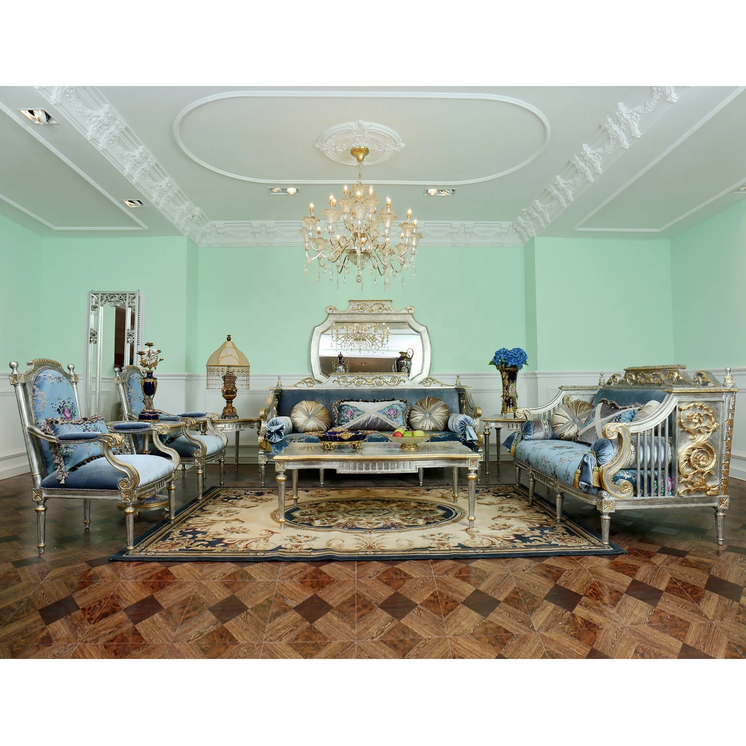 

Luxury French Classic Italy Fabric Solid Wood Hand Carving Silver and Gold Leaf Gild 7 Section Couch Living Room Sofa Set