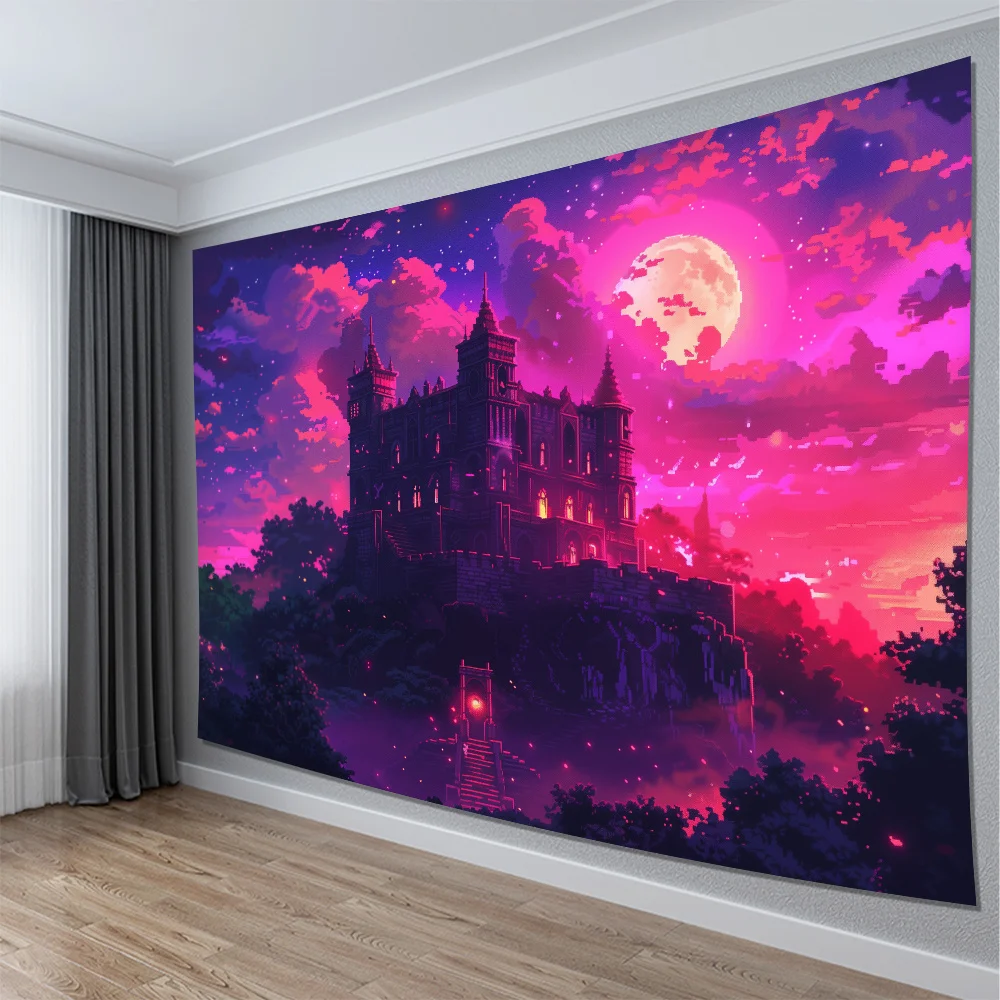 Gothic Castle Tapestry Wall Hanging Fantasy Mystical Haunted House Art Pink Purple Sunset Bohemian Aesthetic Decor for Living Ro