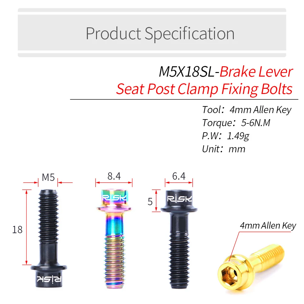 RISK 2PCS M5*18mm Bike Stem Handlebar Fixing Titanium Ti Bolts Fixed Screws Hollow Lightweight  for MTB Bicycle Seat Post Clamp