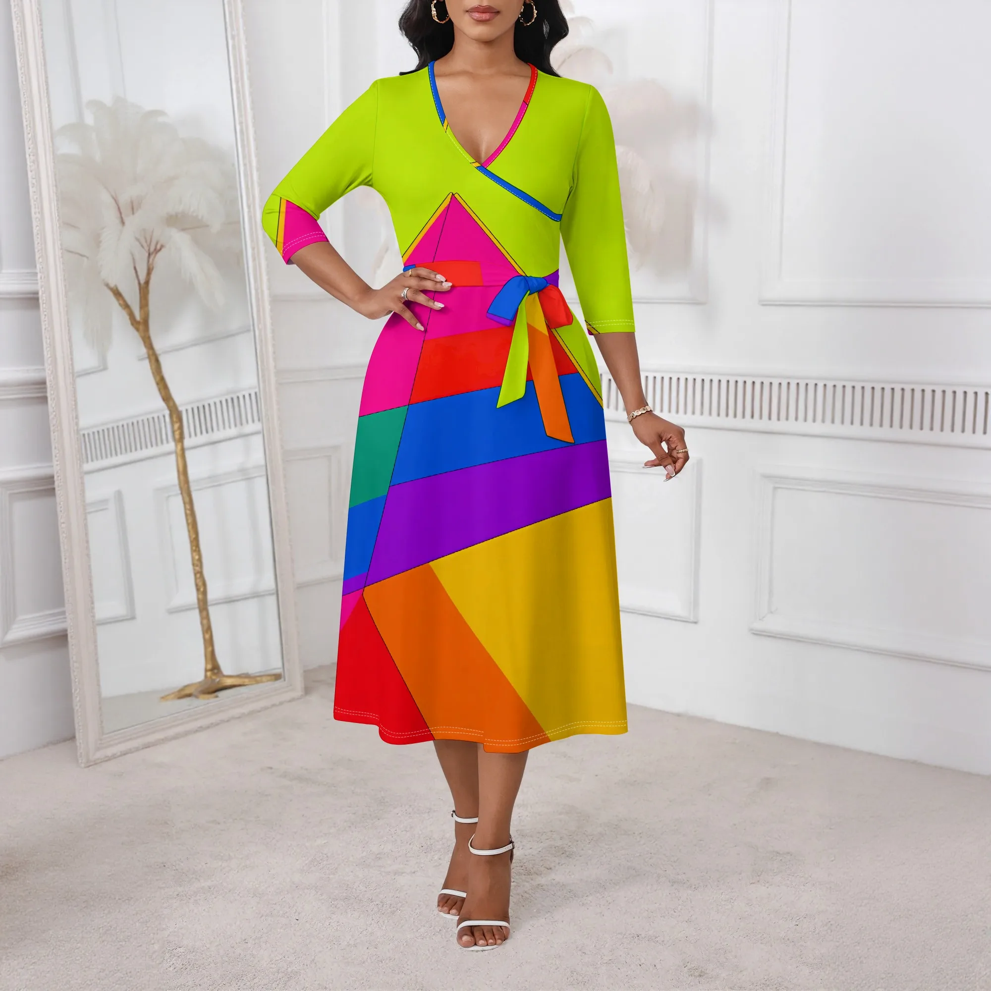 

Rainbow Color Block Wrap Dress for Women XS-3XL Stylish Belted V-Neck Look for Pride Month, Party or Summer Brunch
