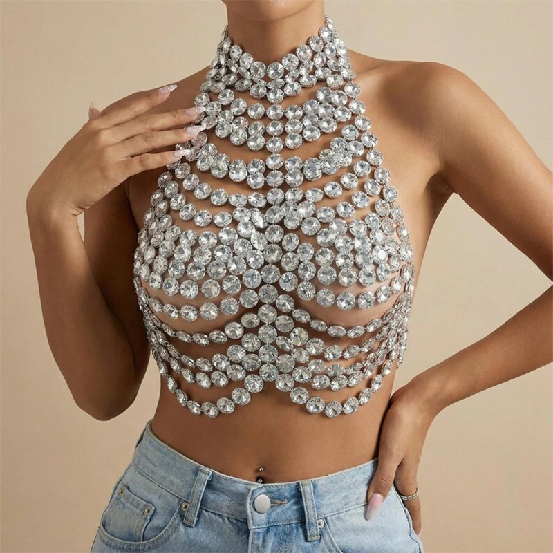 Damen Große Strass-Neckholder-Körperkette Top Funkelnder Kristall-Harness Crop-Top Körperschmuck Nachtclub Rave Party Kostüm Dropshipping – Detail 1