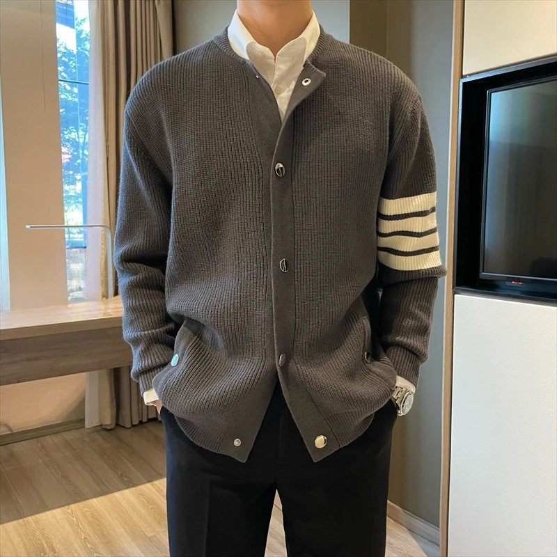 ​ Casual masculino fivela de metal em torno do pescoço cor bloco cardigan primavera outono solto gota ombro franja textura na moda camisola de malha ​