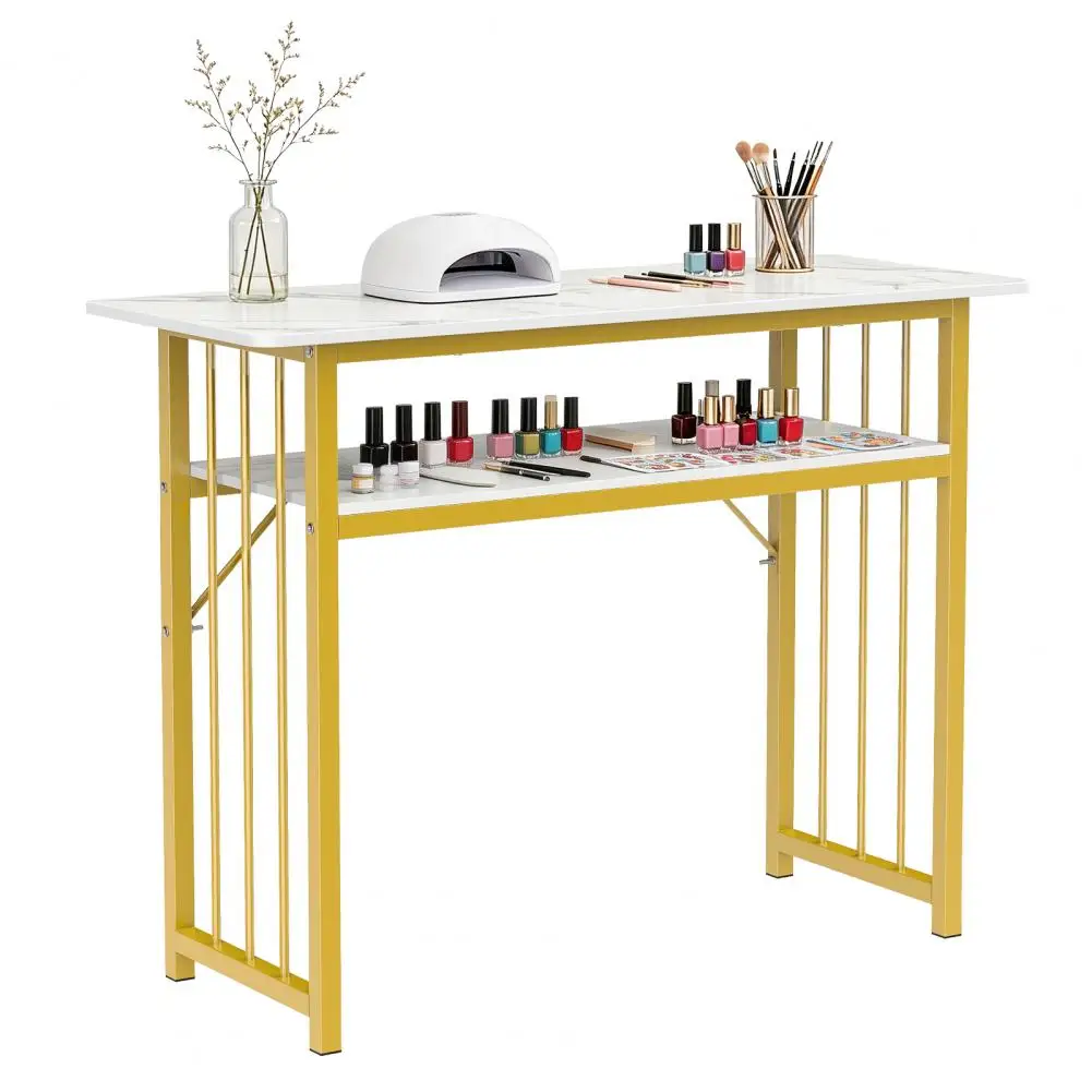 Home Nail Art Desk with Storage Shelf, Manicure Table Marbling Texture Golden Frame Nail Art Table for Professional Beauty Salon