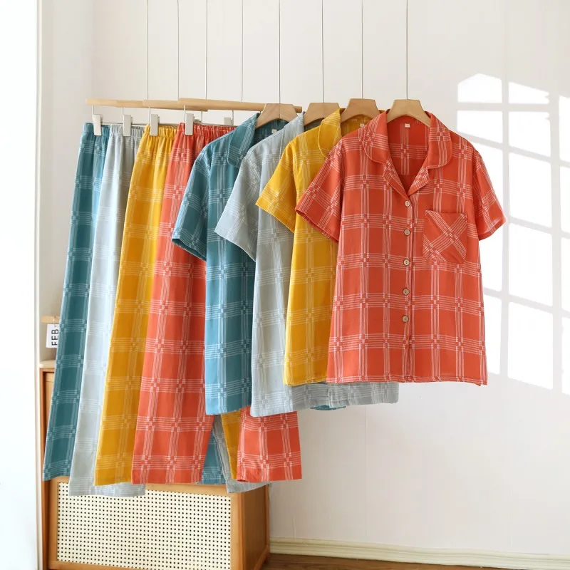 Summer Female Casual Cartoon Pajama Sets Girl 100% Cotton Sleepwear Suit Women Top Quality Short Sleeve Home Clothes 4