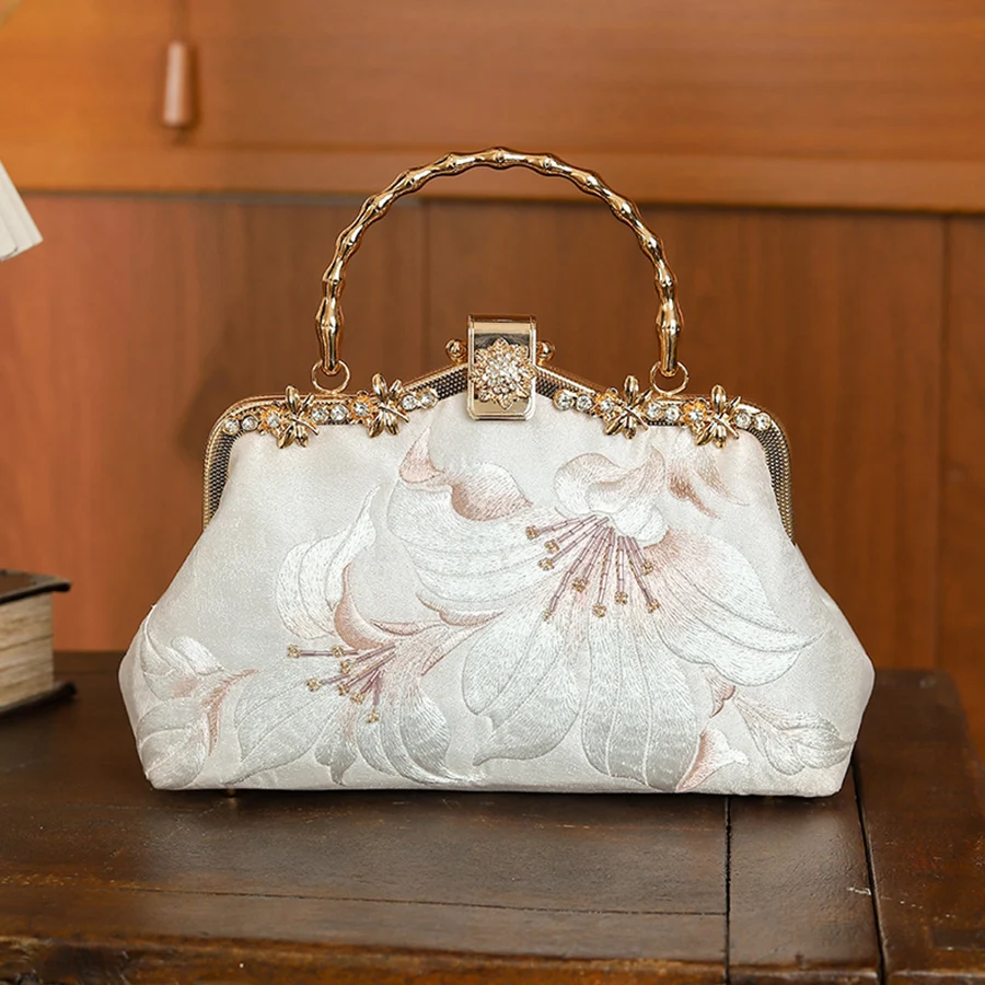 

Cheongsam embroidered handbag women metal handle small square bag shell kiss lock banquet clutch purse pearl chain crossbody bag