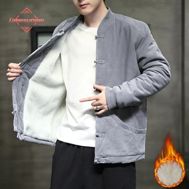

Men's Chinese Style Cotton Linen Jacket Winter Coat Lamb Fur Lined Button up Traditional Zhongshan Suit Retro Cotton Outerwear