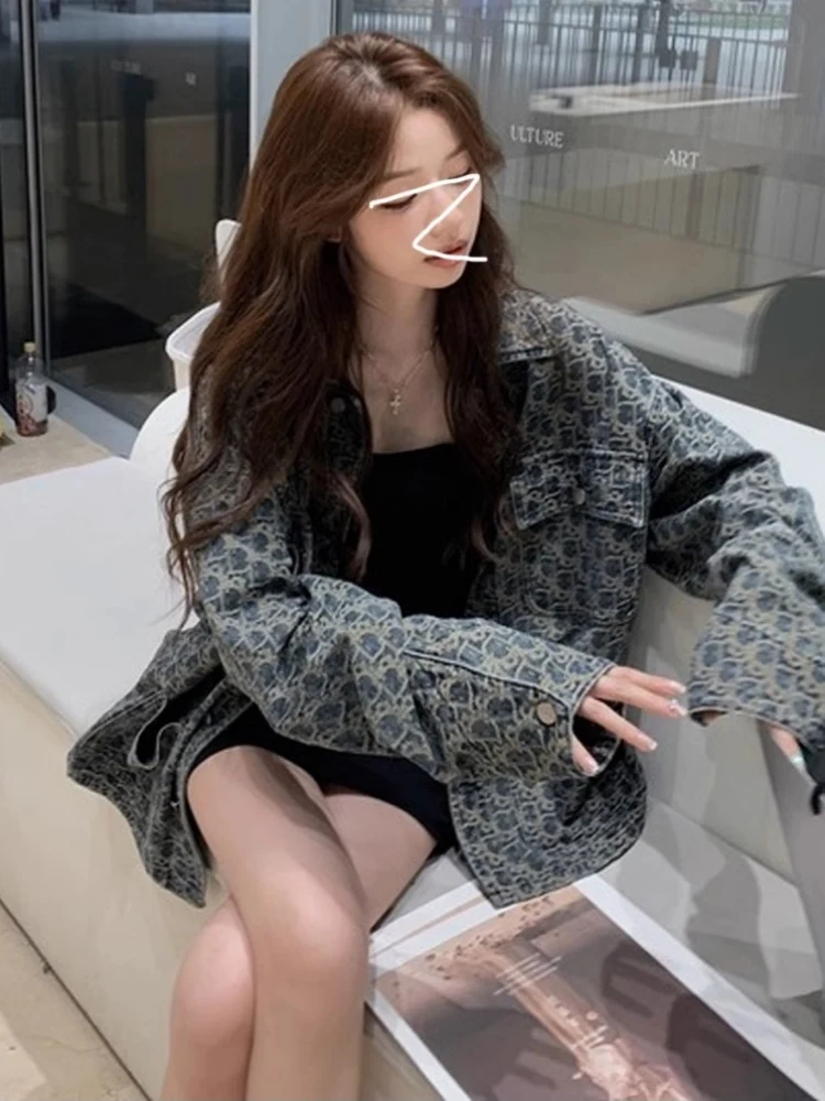 アメリカンハイストリートレトロデニムジャケットレディース新デザイン春秋万能プリントジャケットトップルーズフィットロングスリーブ