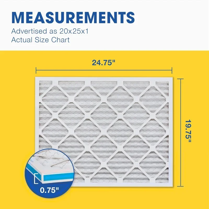 20x25x1 MERV 8 pleated, ac furnace, actual size: 19 3/4 x 24 3/4 x 3/4 , (of 6)