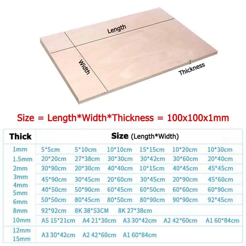 Placa de madera maciza, hoja de madera contrachapada de 50-900mm, modelo hecho a mano, espesor DIY 1/1, 5/2/3/4/5/6/7/10/12/15/20mm de ancho 100/200/300 ~ 600mm