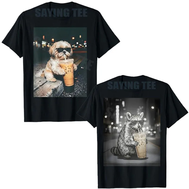 Camiseta gráfica con diseño divertido de un Shih Tzu bebiendo café helado, estilo de vida para mascotas, camiseta gráfica con diseño de perro con gafas de sol, estilo Y2K, ropa con diseño de café, camiseta con arte de mapache.