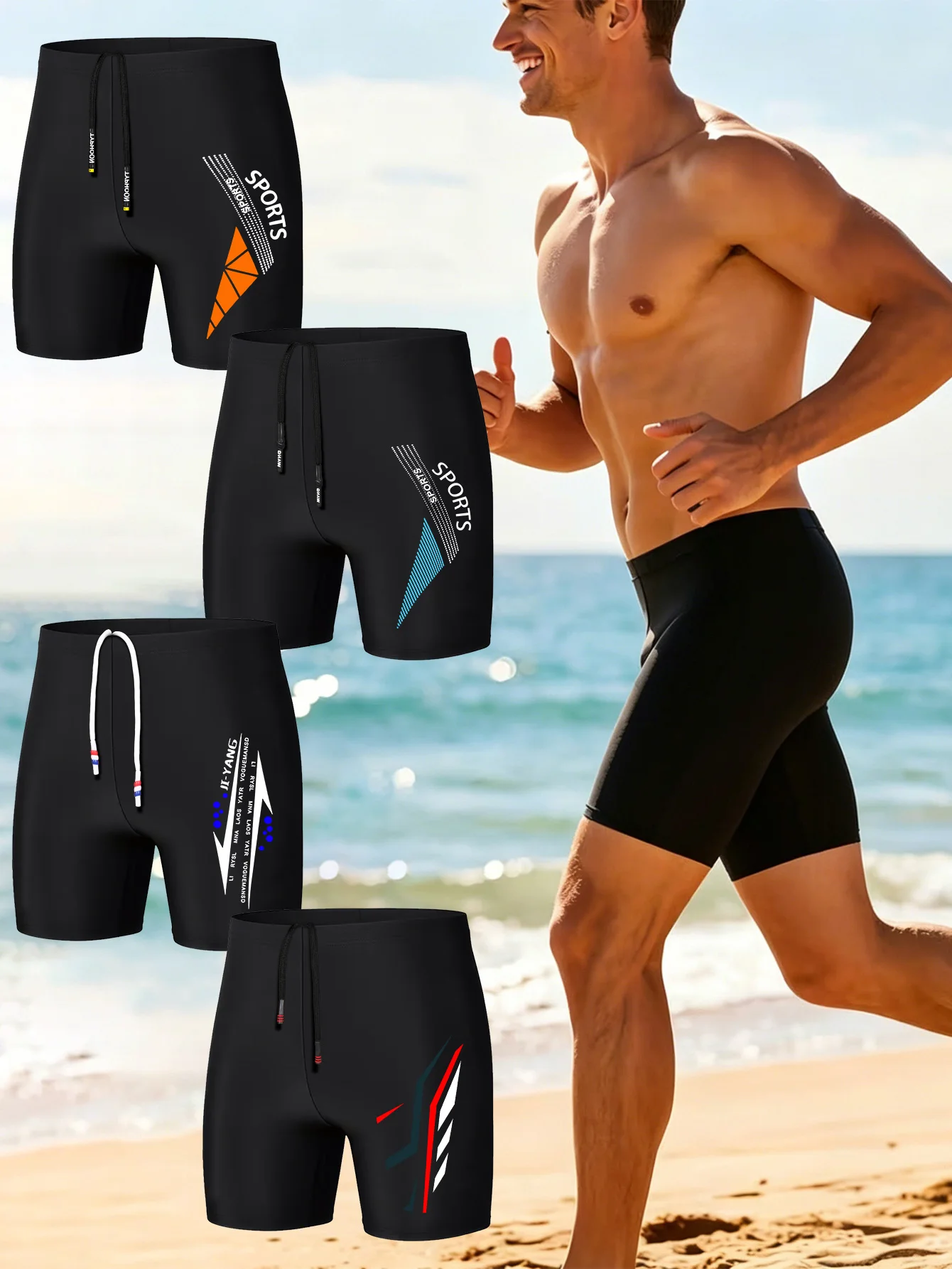 Men Tight Printed Swimwear, Smooth Comfort Swimming Trunks, Personal Drawstring Waist, Breathable Quick Dry Material For Beach