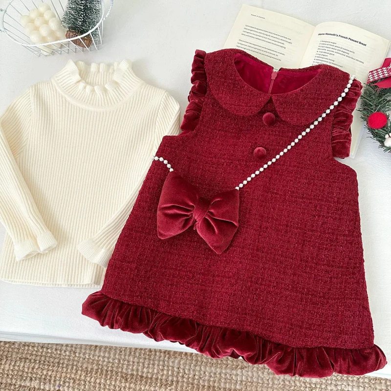 XED-Girls' Dress Autumn Winter New Fashionable Vest Dress One-Year-Old Baby Girl Versatile New Year Outfit Fleece Princess Dress