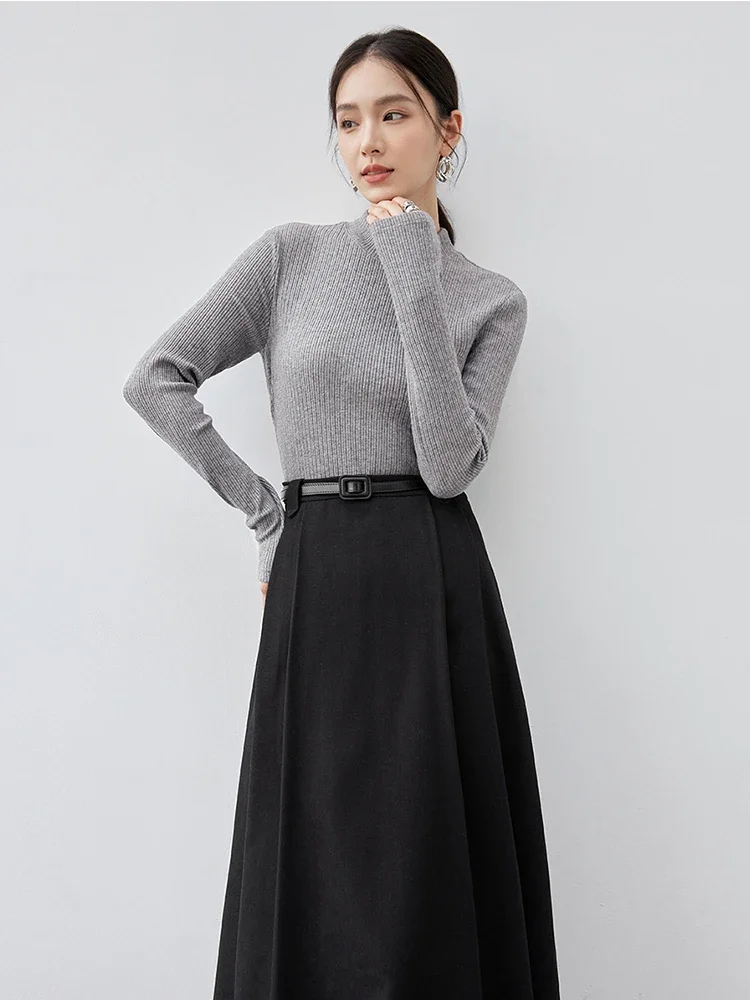 

SENTUBILA Patchwork Spliced Knit Dress for Women 2025 Spring Half High Collar Sashes Elegant Long Sleeve Dresses 144L56983