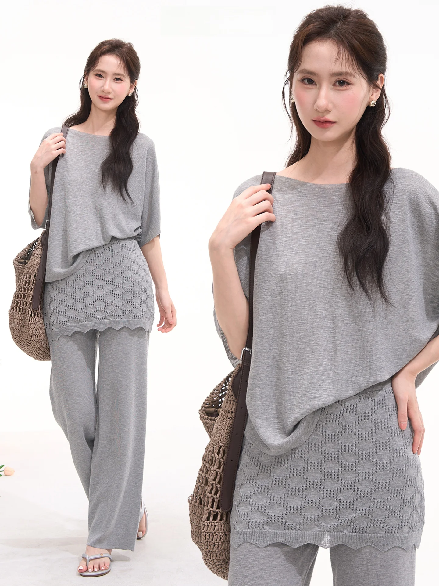 

Korean Style Knitted Short Sleeve Dress And Casual Pants Two-Piece Set Women's Loose Fit round Neck Pullover Polyester Viscose