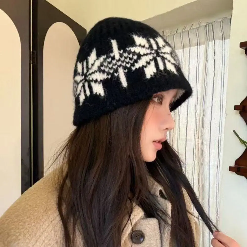 أزياء الجاكار الدافئة محبوك قبعة الصوف خمر ندفة الثلج بيني مطبوعة الرجعية الطباعة متماسكة قبعة الخريف #4