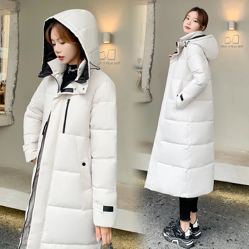 

Women's Jacket 2026 Winter Clothing Korean Bread Clothing Long Knee-length Hooded Down Cotton Padded Jacket Female Parkas Tops
