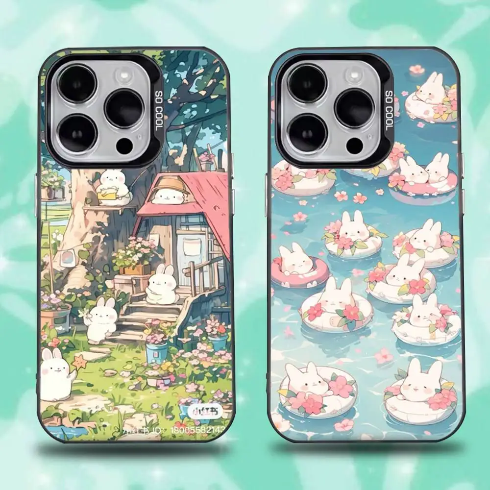 

Cat Rabbit Flower Phone Case For iPhone 16,15,14,13,12,11,Mini,Pro,E,SE4,XS,MAX Black Candy Matte Cover