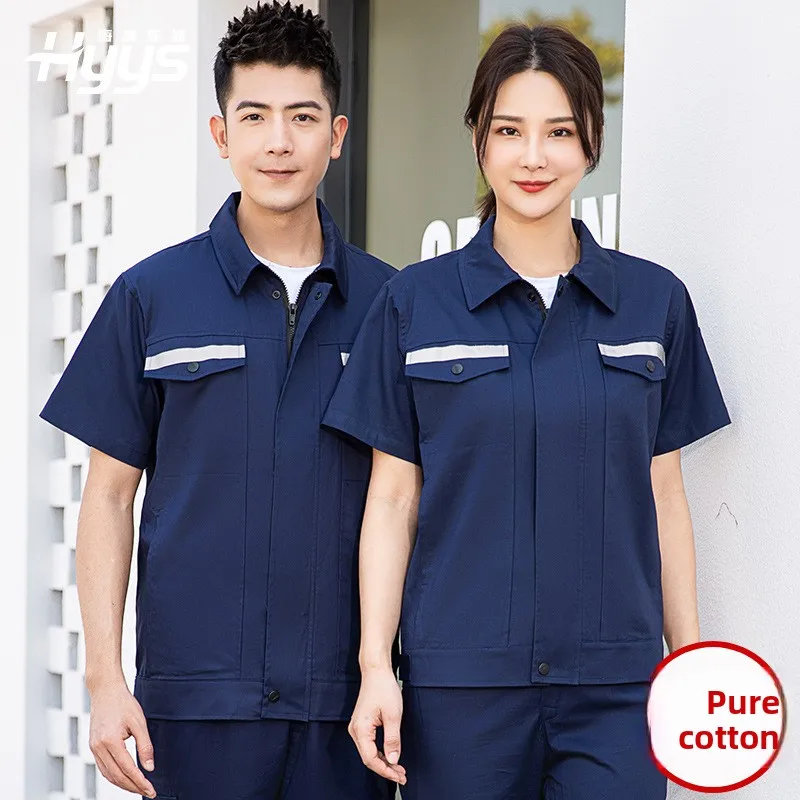 Summer Work Clothes Set  Pure Cotton Long Short-sleeved Thin Reflective Oil Engineering Installation Machine Electric Welder