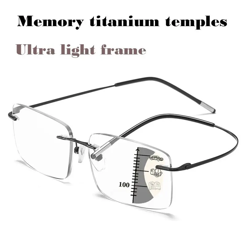 Ultra Light Tr90 Rimless Progressive Multifocal Reading Glasses Men Women Titanium Frame Anti Blue Light Presbyopic Eyeglasses