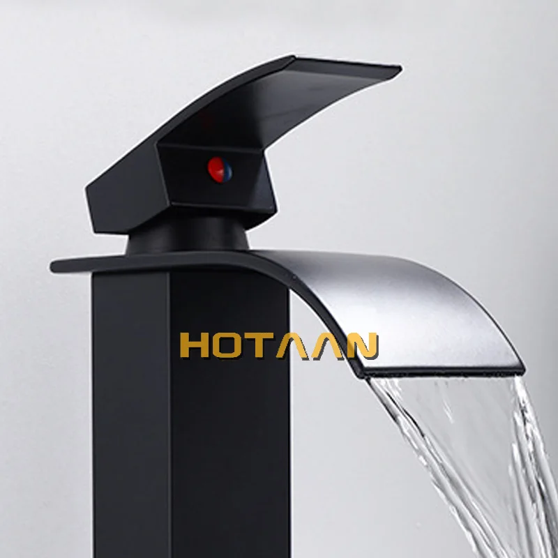 Waterfall Brass Basin Faucet Deck Mounted Single Lever Single Hole Cold&Hot Bathroom Basin Mixer Black Plated Tap