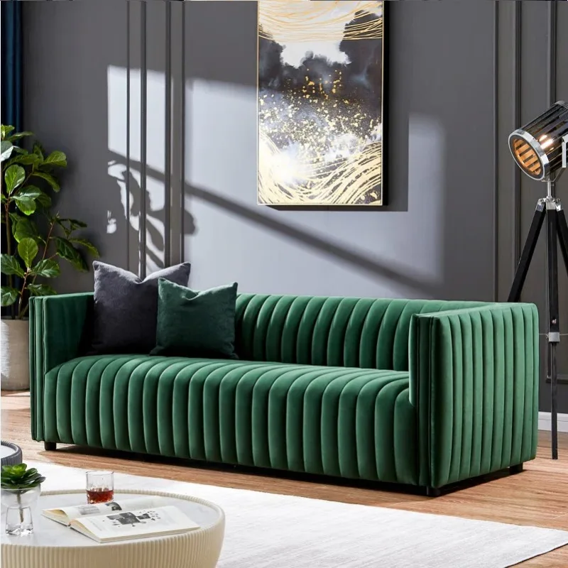 Fabric sofa Vintage three-seater velvet sofa French simple modern vertical strip model house