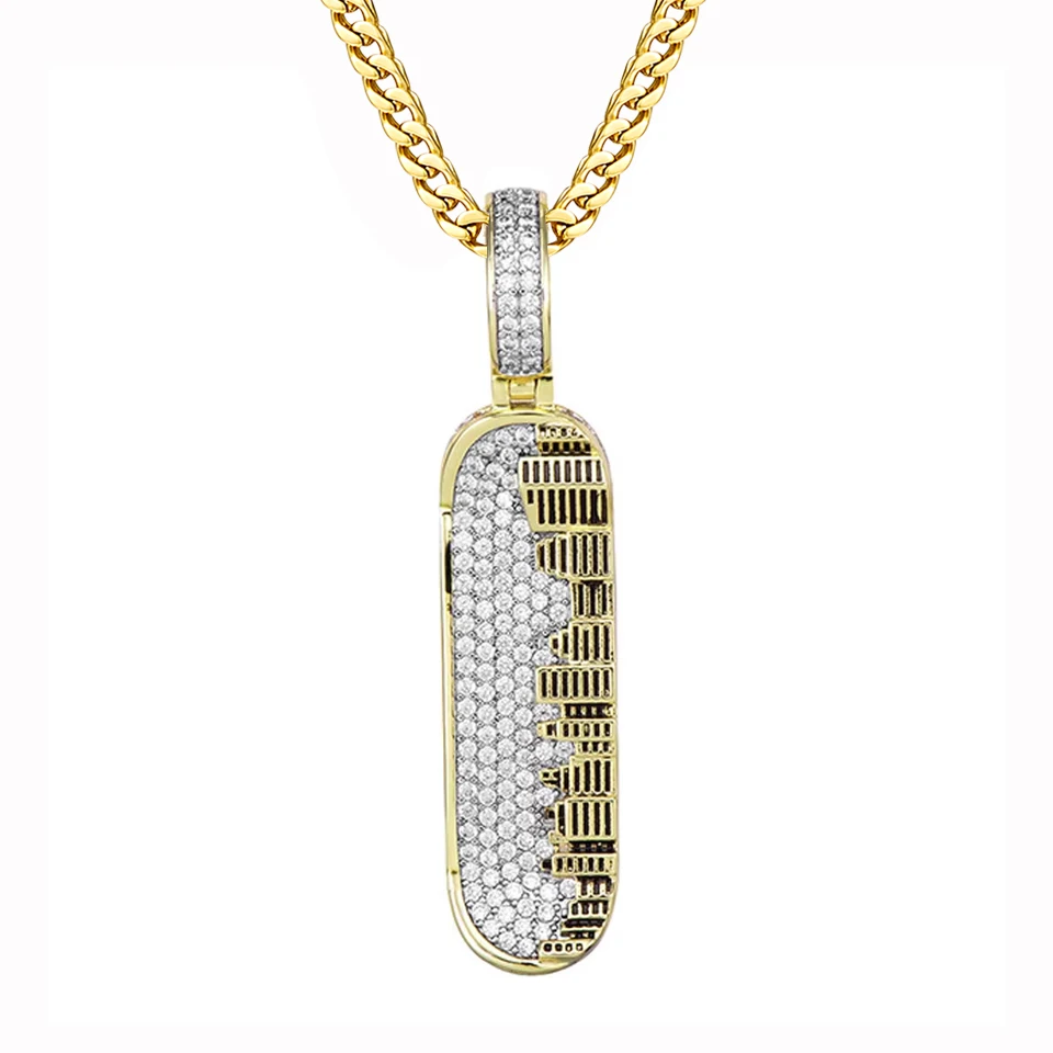 

VANAXIN High Quality Skateboard Pendants Necklace for Men Cubic Zirconia Paved Bling Iced Out Gold Color Hip Hop Rapper Jewelry