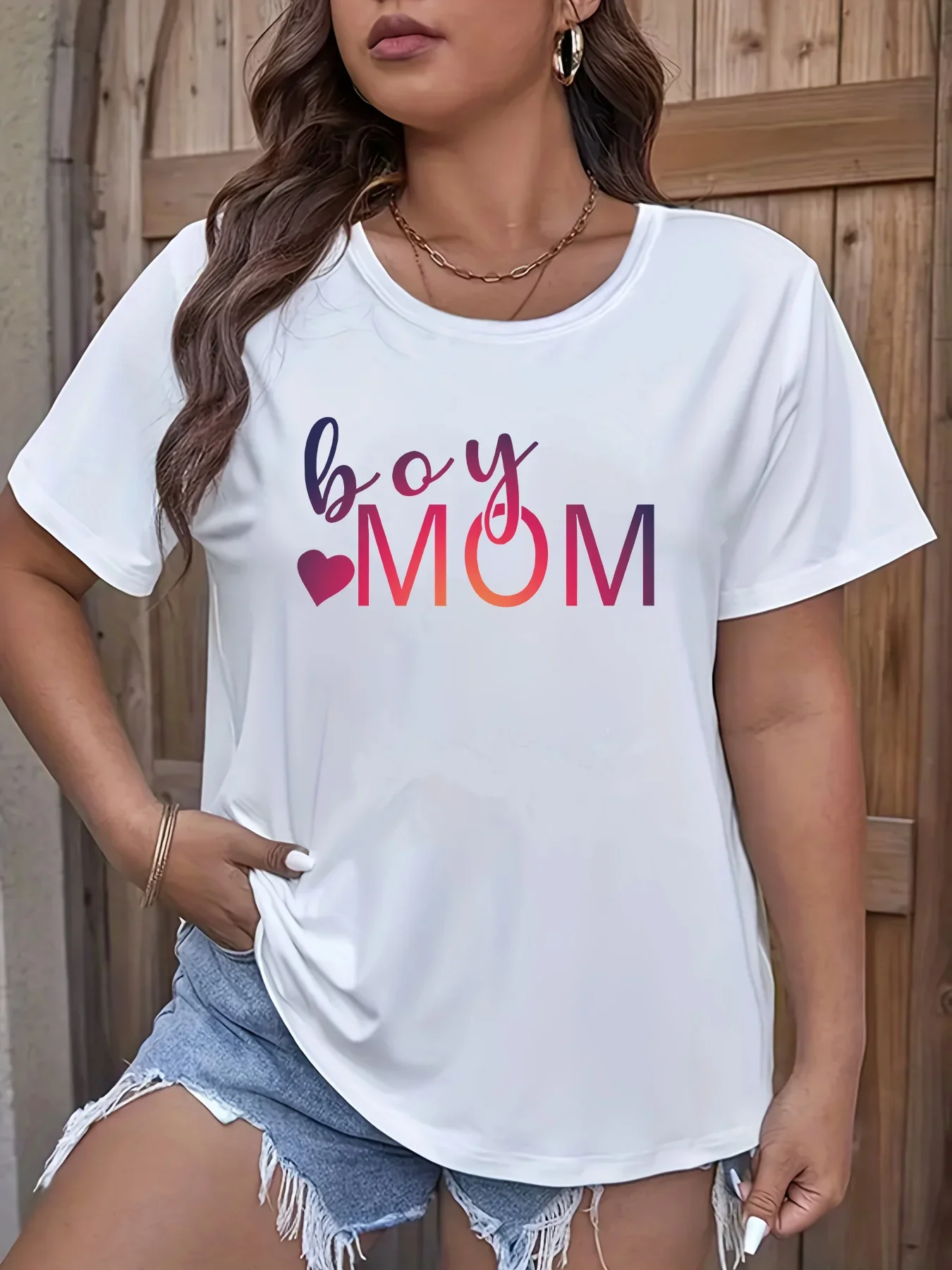 Plus Size Damska letnia koszulka z krótkim rękawem i okrągłym dekoltem T-Shirt z nadrukiem Graficzny kochający serce MOM Plus Size Modna koszulka