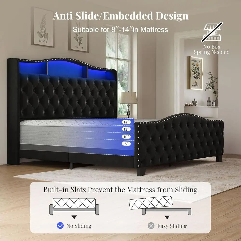 Belin King Size Bed e and board, 50.9" Velvet Upholstered Wingback Bede with LED Lights & Storage/Charging Station, Button Tuted image 5