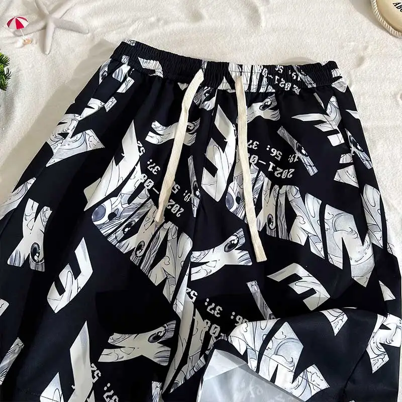 Fashion Trend Summer Thin Style Printing Men\'s Elastic Waist Drawstring Pockets Casual Sports Loose Knee Length Beach Shorts